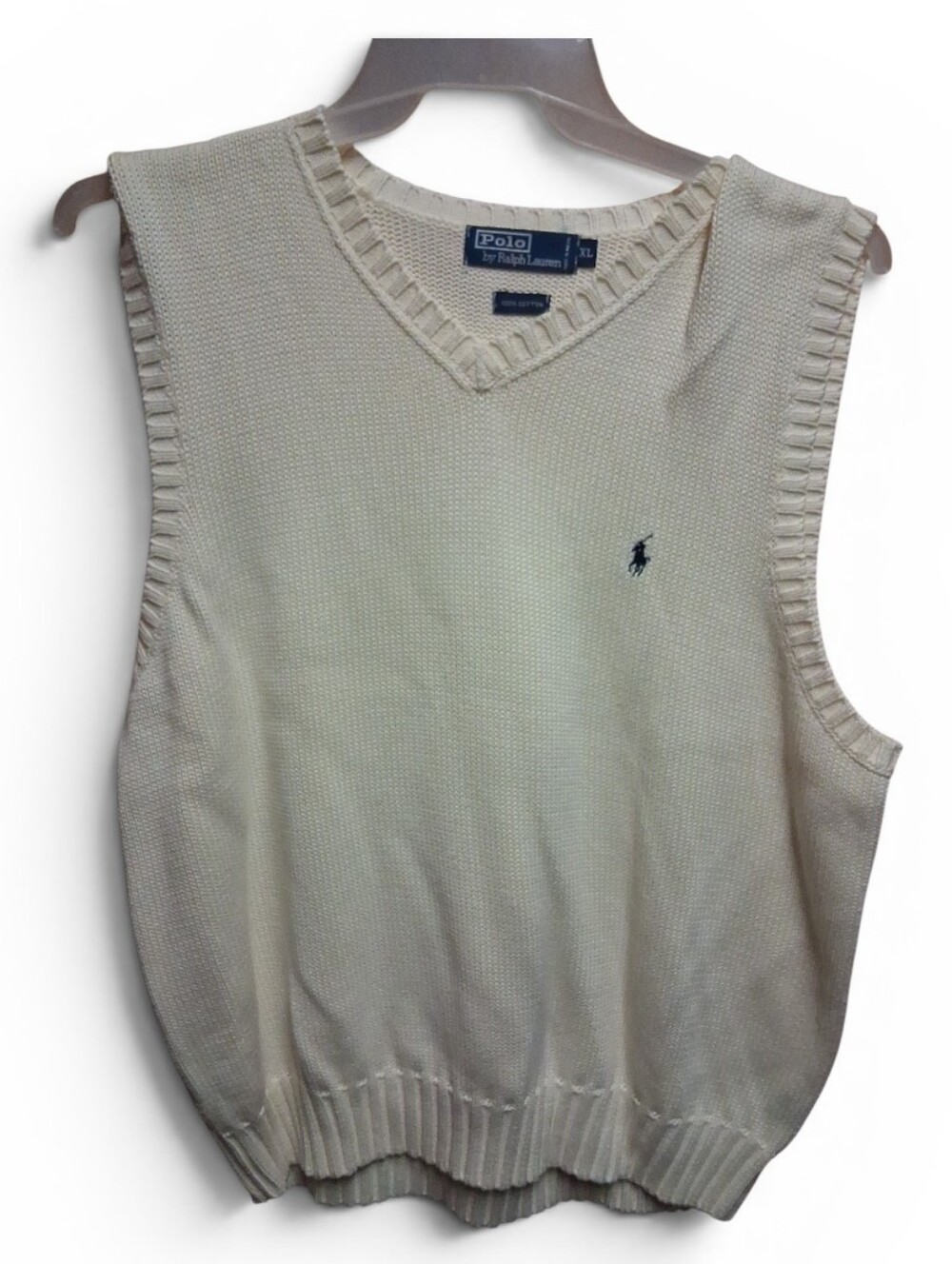 Vintage Polo Ralph Lauren Cream Knit Sweater with Navy Labels 100 Percent Cotton